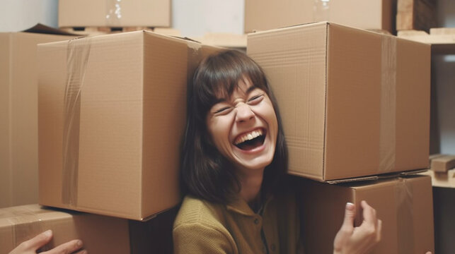 young adult man and woman, couple, making fun foolish things moving house with moving boxes, funny joyful happy and satisfied