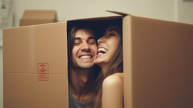 young adult man and woman, couple, making fun foolish things moving house with moving boxes, funny joyful happy and satisfied