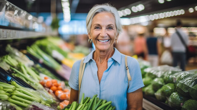 old mature woman with short gray hair in the supermarket or store with the vegetables, a smile on her face, customer has fun, shopping