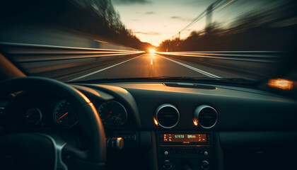 Driving on multiple lane highway at dusk, speedometer reflects journey generated by AI