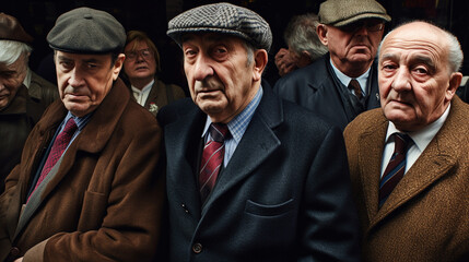 older men , vintage style, suit and coat, cap and vintage look, group of older men, business style