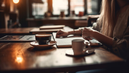 Fototapeta na wymiar One woman enjoying a cappuccino at a cozy coffee shop generated by AI