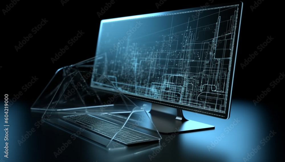 Aufkleber futuristic computer network blueprint glows on dark office table background generated by ai