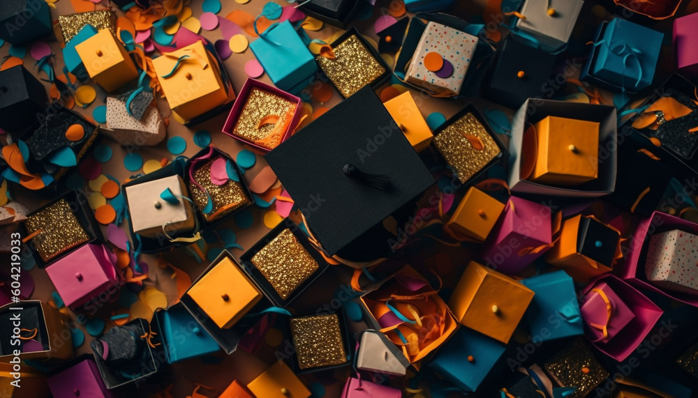 Poster A large heap of colorful gifts in a patterned box generated by AI