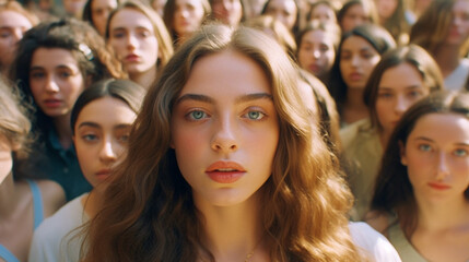 Fototapeta premium frightened perplexed shocked traumatic dramatic faces of young adults people or teenagers in large group or course or school class or demonstration or event
