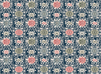 Japanese Flower Brick Checkered Vector Seamless Pattern