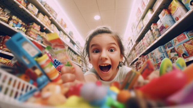small child in an extremely positive mood, child girl in a toy shop, toys on the shelves, pipe dream and great joy, consumption and childhood