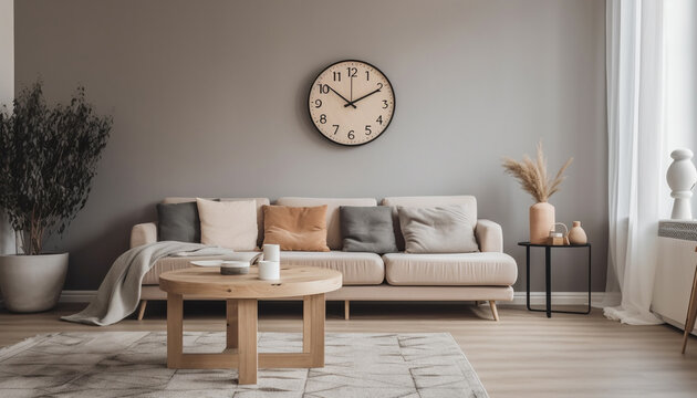 Modern elegance in a comfortable, luxurious living room with wood flooring generated by AI