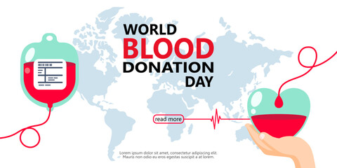 blood bag donated with heart, blood donor for poster, banner, card, and background. Vector illustration flat design for World blood donation day.	
