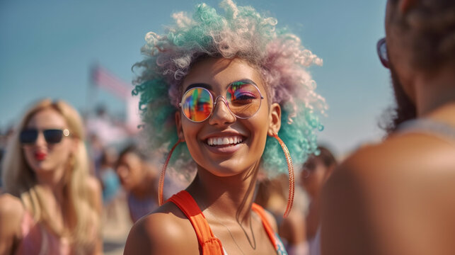 festival party or meeting, fictional event, young adult woman with colorful dyed hair and sunglasses outdoors in a crowd of people