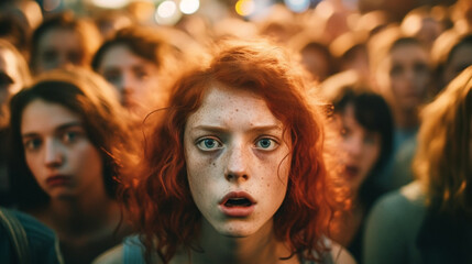 young adult woman in crowd, fictional location
