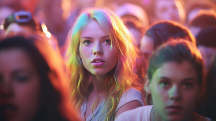 young adult woman in crowd at night, fictional location