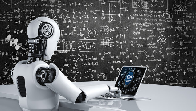AI robot using computer modish software application. Artificial intelligence concept.