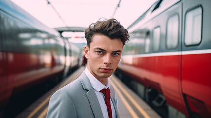 young adult male works at railway, employee in or train conductor, public transport, profession