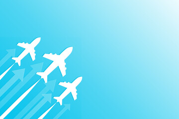 Fototapeta premium Airplane Background Vector Illustration Graphic Design Blue White Backdrop. Arrow Movement Growth Going Up Forward Transportation Travel Journey Trip Aboard Plane Flying Overseas Vacation Voyage 