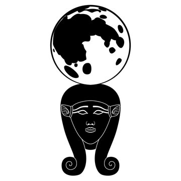 recommend clip art: Head of ancient Egyptian goddess Hathor holding full moon. Creative lunar design. Feminine power. Black and white silhouette.