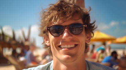 young adult man on the beach, sandy beach on summer vacation, tourists in swimwear on background, sea and water, tourism, fictional place