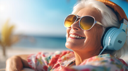 old woman with gray hair listen to music with headphones on vacation or free time on sunny day, beach vacation or emigrated in retirement