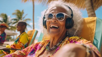 old woman with gray hair listen to music with headphones on vacation or free time on sunny day, beach vacation or emigrated in retirement - obrazy, fototapety, plakaty