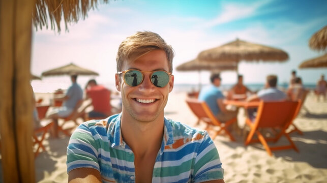 young adult man on the beach, sandy beach on summer vacation, tourists in swimwear on background, sea and water, tourism, fictional place