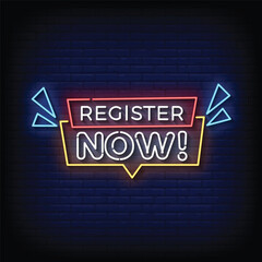 Neon Sign register now with brick wall background vector