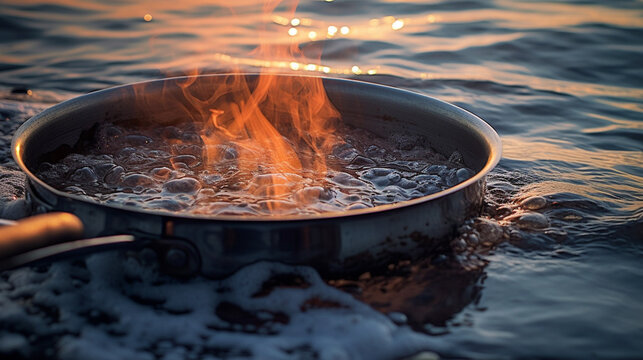 cooking pot or pan on the sea in the water with boiling liquid, fire and flames, science or survival in nature, experimental or adventure, fictional cooking