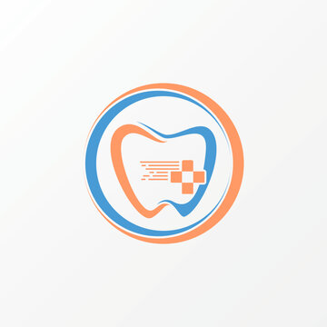 Tooth or teeth dental with speed red cross plus in circle image graphic icon logo design abstract concept vector stock. Can be used as a symbol related to emergency or hospital