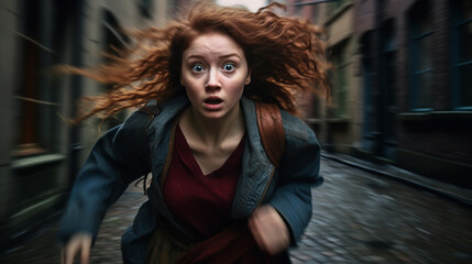 young adult woman running fast through the street, side street, local, in a hurry, hurry, running fast. Generative AI