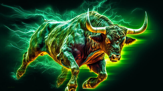 green bitcoin btc bull with energy flashes, running, big horns. Generative AI