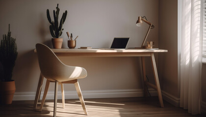 Modern office with elegant decor, comfortable armchair, and technology generated by AI