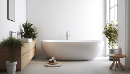 Obraz na płótnie Canvas Modern elegance in a luxurious domestic bathroom with marble flooring generated by AI