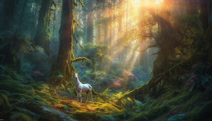 Majestic horse gallops through tranquil forest, surrounded by mystery generated by AI
