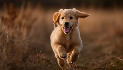 A cheerful golden retriever running in the meadow, pure happiness generated by AI