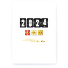 Happy New Year 2024. Poster template. Analog mechanical flip timetable and gift boxes on white background