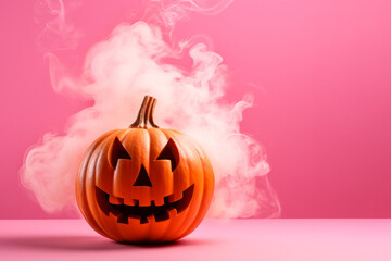 Halloween pumpkin with smoke against a pink background. Generative ai