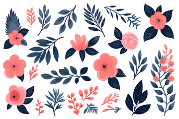 Beautiful set Watercolor flower and leaves element collection. Generative AI