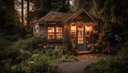 The rustic log cabin illuminated by lanterns in the dark generated by AI