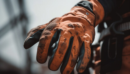 Fototapeta na wymiar A leather work glove protects the hand of a construction worker generated by AI
