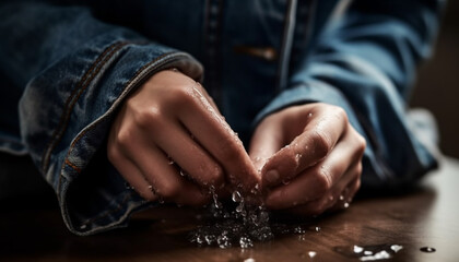 Obraz premium One person holding wet flour, preparing sweet dessert in kitchen generated by AI