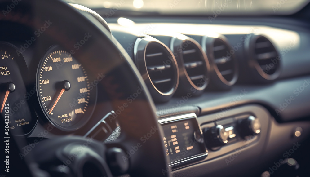 Poster modern car dashboard with illuminated speedometer and chrome control panel generated by ai