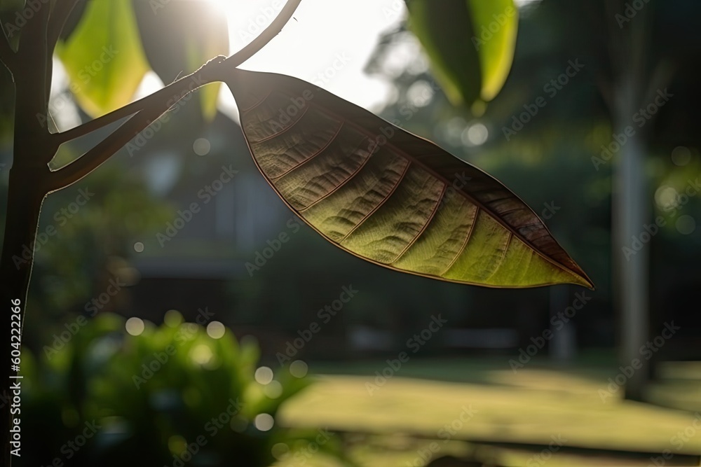Poster detailed close-up of a green leaf on a tree generative ai