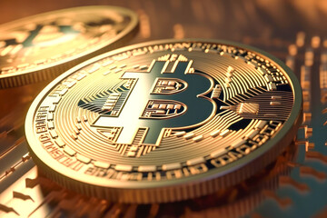 Fototapeta na wymiar Close-up of a golden bitcoin coin. Generative AI