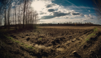 Agriculture industry thrives in rural scene with plowed fields in rows generated by AI