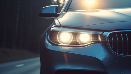 A luxury sports car speeds through the city at dusk generated by AI