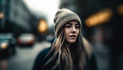 Obraz premium One young woman, looking at camera, smiling in warm clothing generated by AI