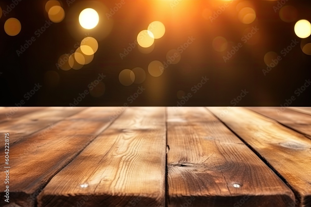 Poster close-up view of a wooden table with warm ambient lights in the background generative ai