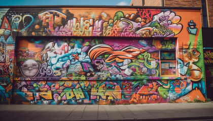 Vibrant graffiti mural illuminates chaotic city street with abstract patterns generated by AI