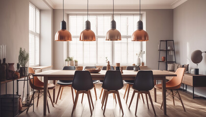 Fototapeta premium A modern, comfortable loft apartment with elegant wood furniture generated by AI