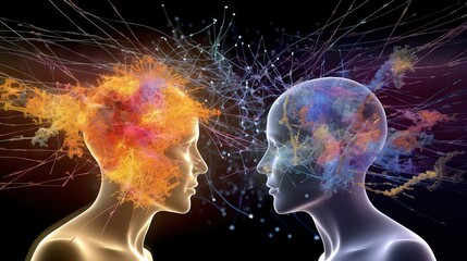 Two people spiritually connected, discussing and resolving problems, seen in electromagnetic and astral terms. Generative AI