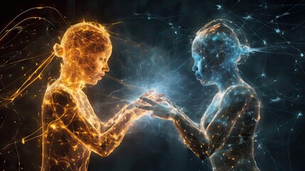 Obraz premium Two people spiritually connected, discussing and resolving problems, seen in electromagnetic and astral terms. Generative AI